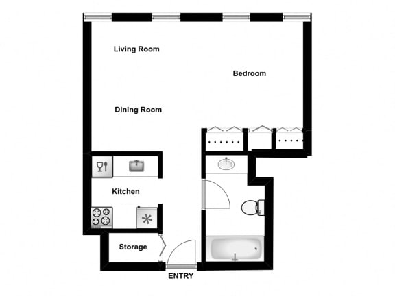 Bachelor, one bathroom apartment layout at MacDonald Estates in Edmonton, AB