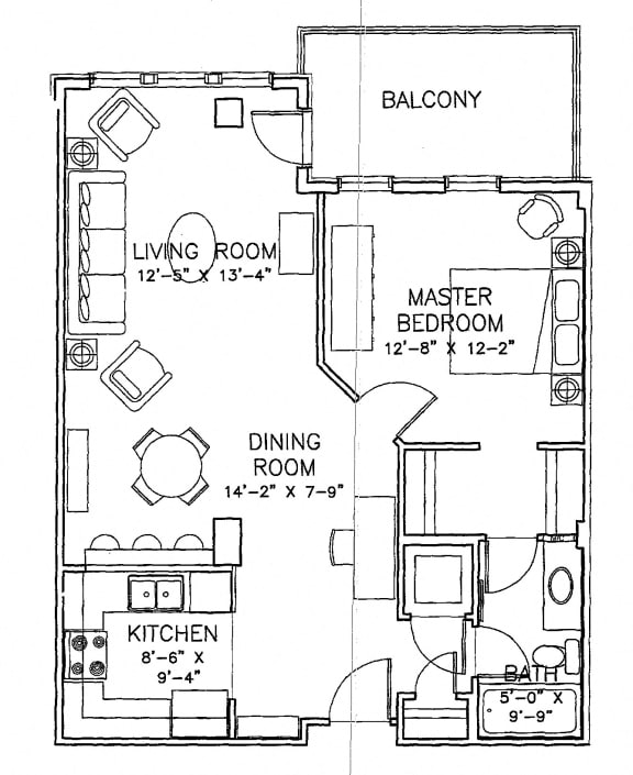 One bedroom, one bathroom apartment layout at Wellington Court Apartments in Edmonton, AB