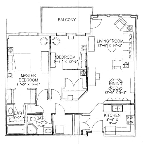 Two bedroom, two bathroom apartment layout at Wellington Court Apartments in Edmonton, AB