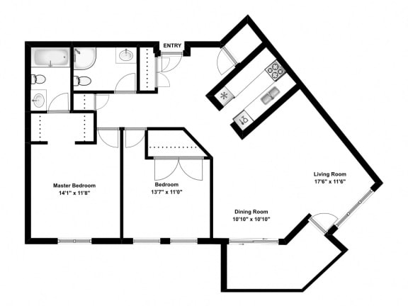 Two bedroom, two bathroom apartment layout at Wellington Court Apartments in Edmonton, AB