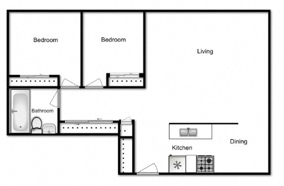 Two bedroom, one bathroom apartment layout at Albany Place in Fort Erie, ON