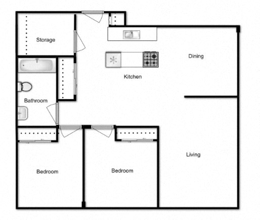 Two bedroom, one bathroom apartment layout at Albany Place in Fort Erie, ON