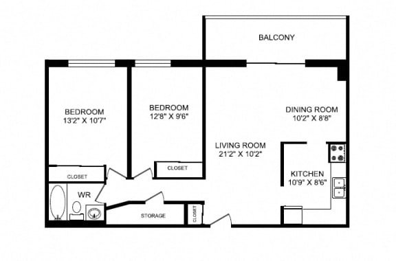Two bedroom, one bathroom apartment layout at Silvercreek Towers in Georgetown, ON