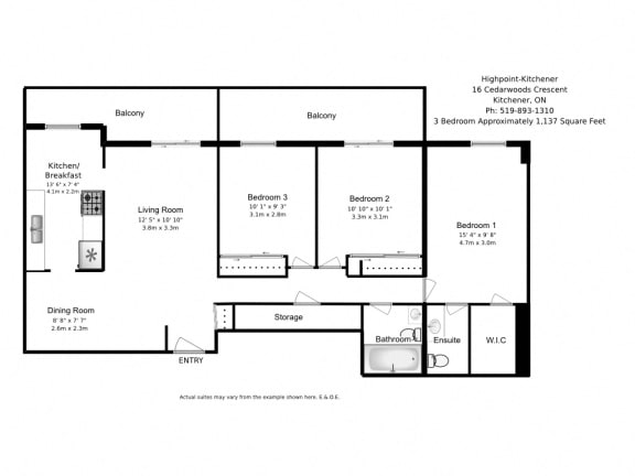 Three bedroom, one bathroom apartment layout at Highpoint Kitchener in Kitchener, ON