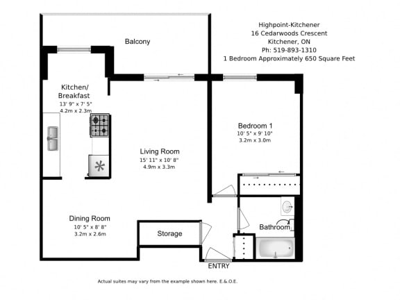 One bedroom, one bathroom apartment layout at Highpoint Kitchener in Kitchener, ON