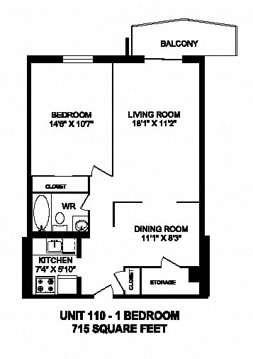 One bedroom, one bathroom apartment layout at Capitol Hill Apartments in Kitchener, ON