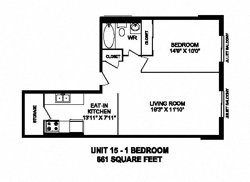One bedroom, one bathroom apartment layout at Capitol Hill Apartments in Kitchener, ON
