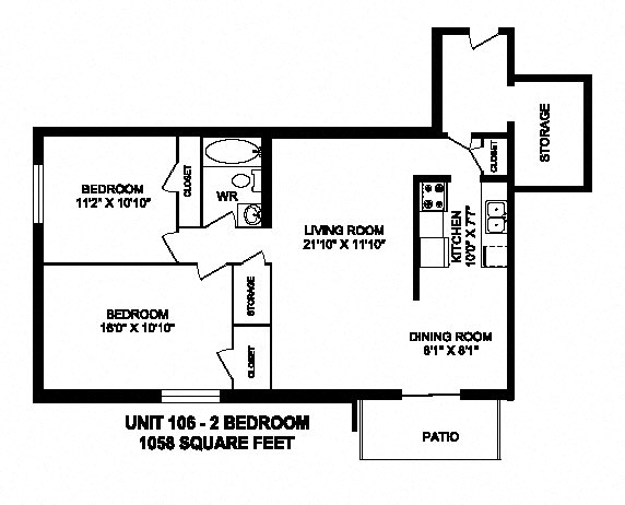 Two bedroom, one bathroom apartment layout at Capitol Hill Apartments in Kitchener, ON