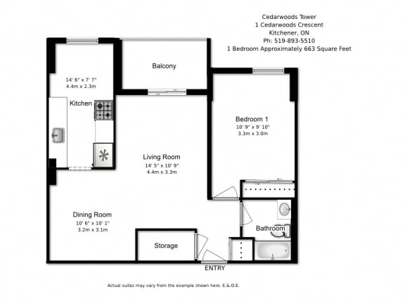 One bedroom, one bathroom apartment layout at Cedarwoods Tower in Kitchener, ON
