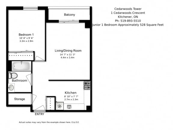 One bedroom, one bathroom apartment layout at Cedarwoods Tower in Kitchener, ON