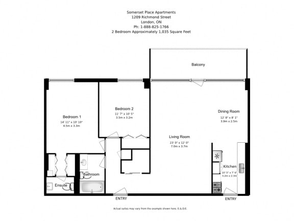 Two bedroom, one bathroom apartment layout at Somerset Place Apartments in London, ON