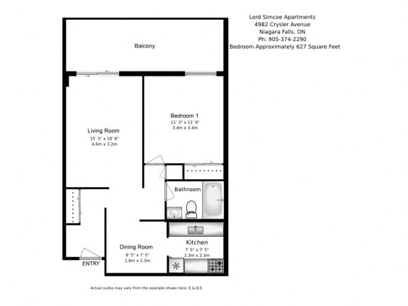 One bedroom, one bathroom apartment layout at Lord Simcoe Apartments in Niagara Falls, ON