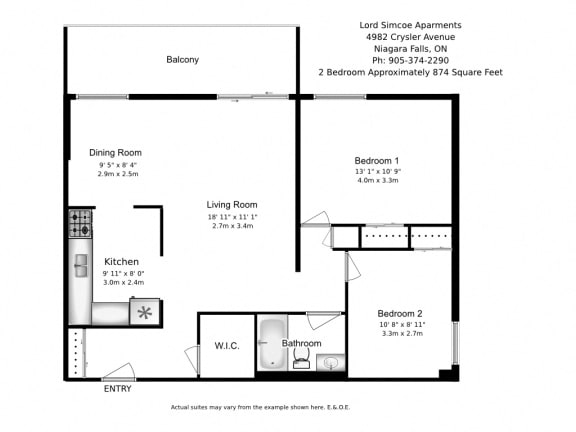 Two bedroom, one bathroom apartment layout at Lord Simcoe Apartments in Niagara Falls, ON