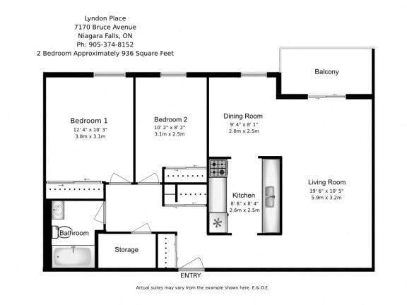 Two bedroom, one bathroom apartment layout at Lyndon Place in Niagara Falls, ON