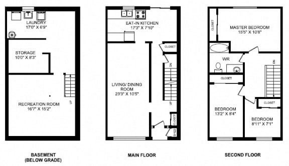 Three bedroom, one bathroom apartment layout at Taunton Terrace in Oshawa, ON