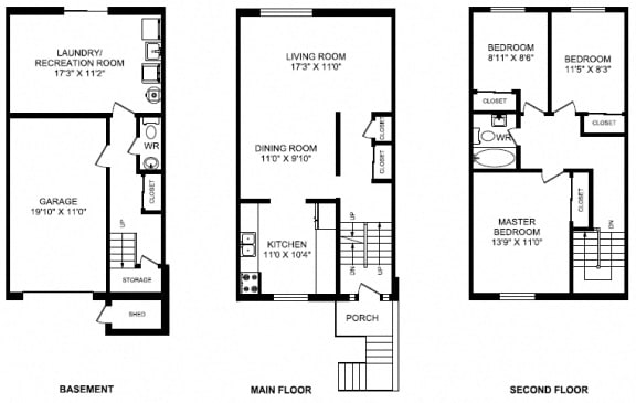 Three bedroom, one bathroom apartment layout at Taunton Terrace in Oshawa, ON