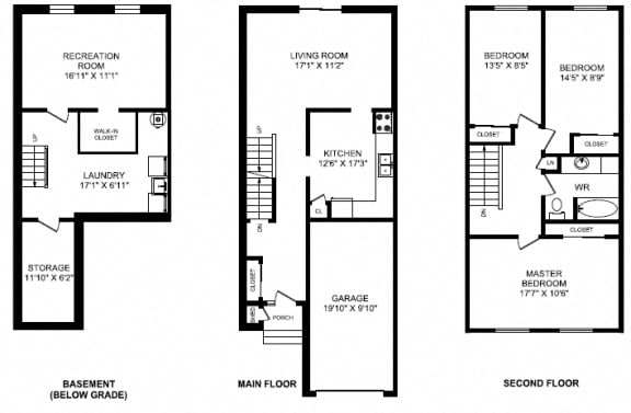 Three bedroom, one bathroom apartment layout at Taunton Terrace in Oshawa, ON