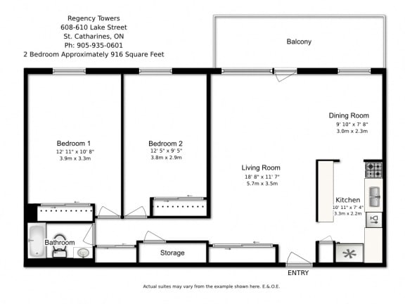 Two bedroom, one bathroom apartment layout at Regency Towers in St. Catherines, ON