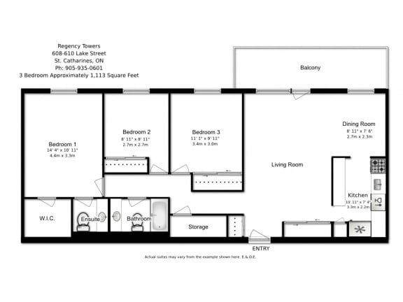 Three bedroom, one bathroom apartment layout at Regency Towers in St. Catherines, ON