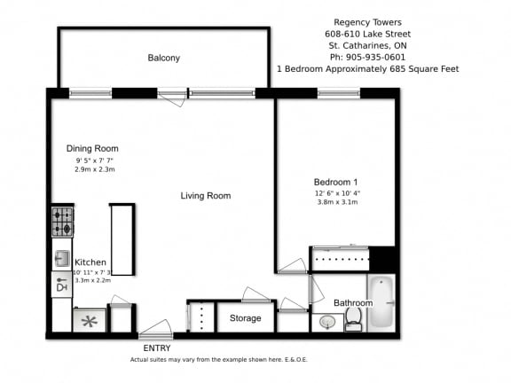 One bedroom, one bathroom apartment layout at Regency Towers in St. Catherines, ON