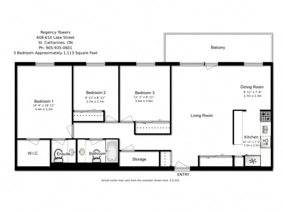 Three bedroom, one bathroom apartment layout at Regency Towers in St. Catherines, ON