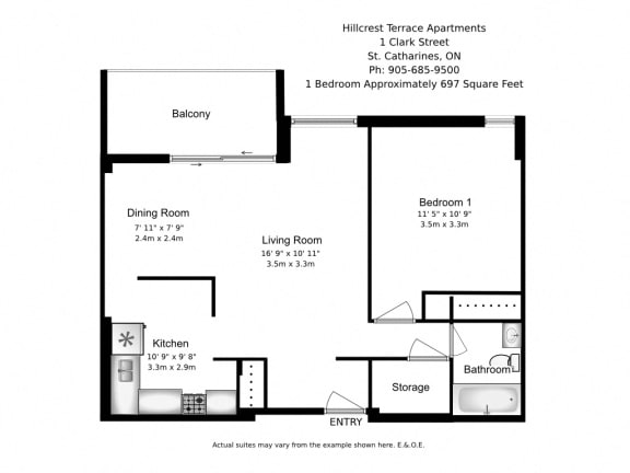 One bedroom, one bathroom apartment layout at Hillcrest Terrace in St. Catharines, ON