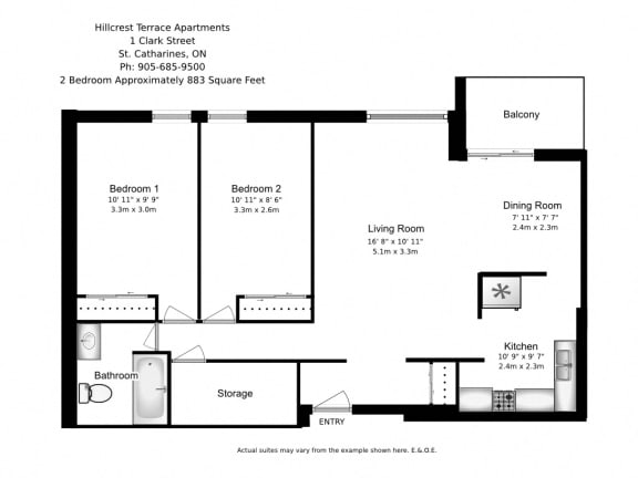 Two bedroom, one bathroom apartment layout at Hillcrest Terrace in St. Catharines, ON
