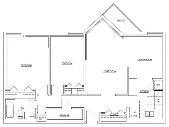 Two bedroom, one bathroom apartment layout at Sunset Towers in St. Thomas, ON