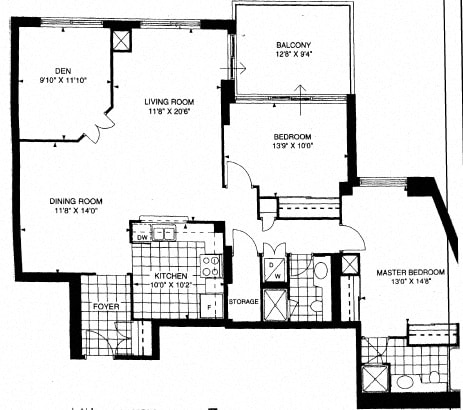 Floor plan of a 2 bed, 1 bath, spacious suite with a balcony view at Brookbanks Apartments in Toronto, ON