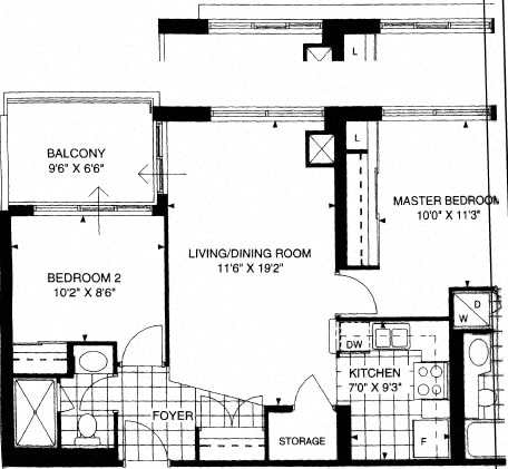Floor plan of a 2 bed, 1 bath, high-end suite with a balcony view at 17 Brookbanks Apartments in Toronto, ON