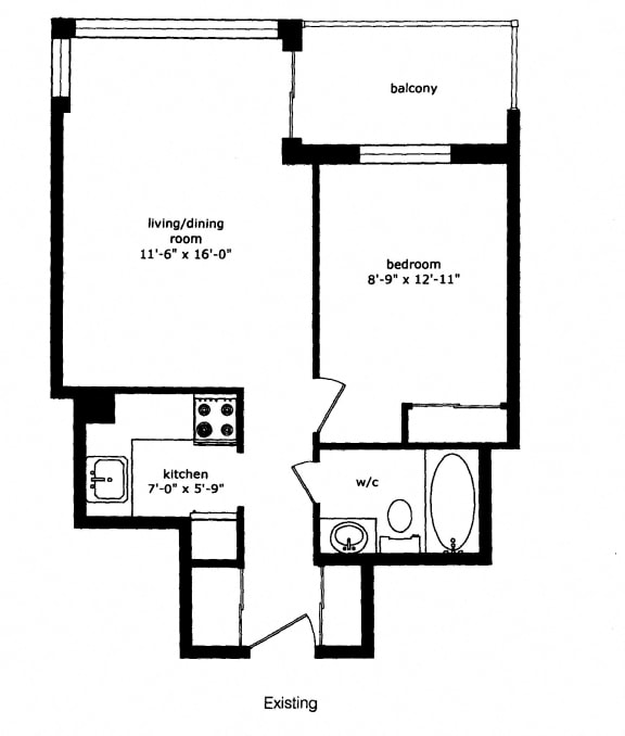 One bedroom, one bathroom apartment layout at Regency Place in Whitby, ON