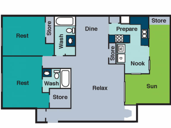 2Bed 2Bath Floor Plan at The Groves Apartments, Raleigh, NC, 27604