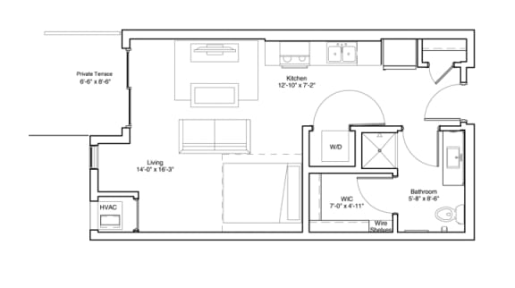 Vintage on Selby | Grant with Patio | Studio Apartment Floorplan
