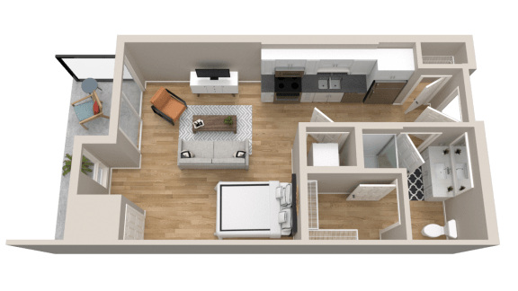Vintage on Selby | Grant with Patio | Studio Apartment 3D Floorplan