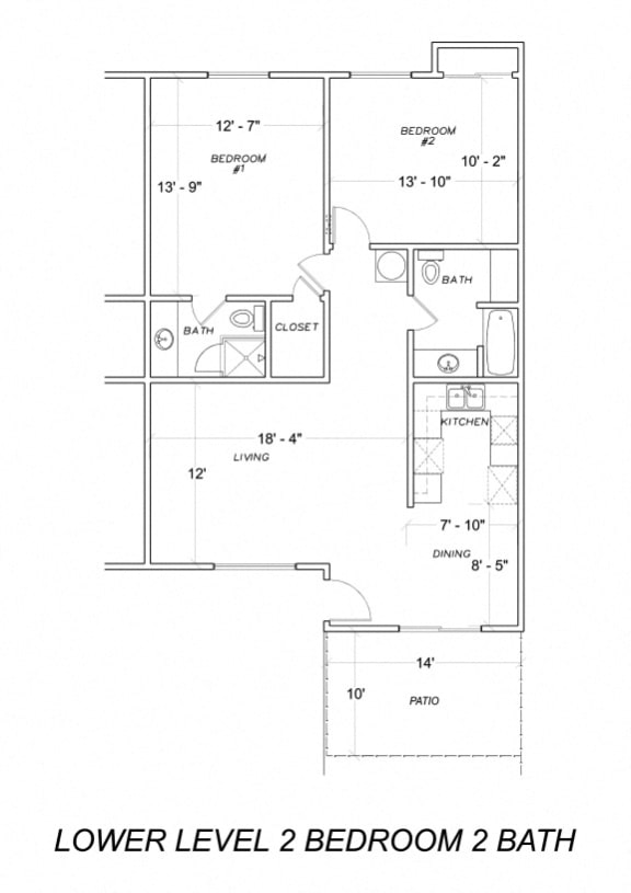 Our two bedroom, two bathroom apartment lower level floor plan at Midway Gardens Apartments in Escondido, California