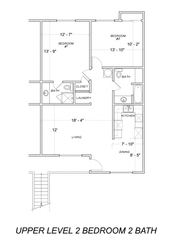 Our two bedroom, two bathroom apartment upper level floor plan at Midway Gardens Apartments in Escondido, California
