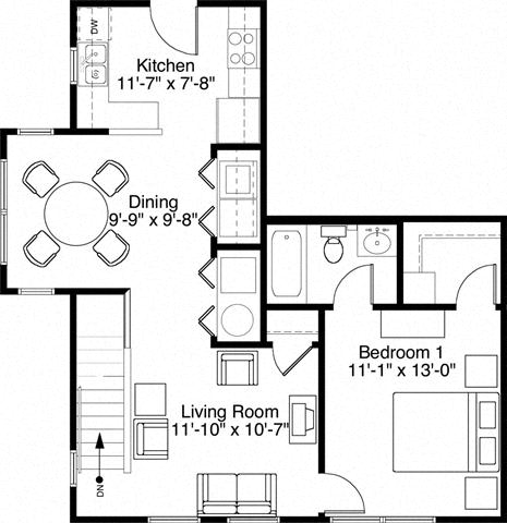 1 Bedroom 1 Bath 2D Floorplan-Horace Mann Apartments, Gary, IN