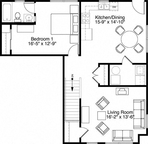1 Bedroom 1 Bath 2D Floorplan-Horace Mann Apartments, Gary, IN