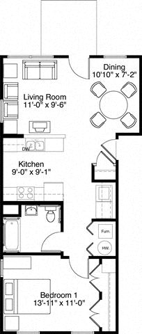 1 Bedroom 1 Bath 2D Floorplan-Horace Mann Apartments, Gary, IN