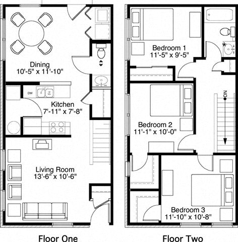 3 Bedroom 1.5 Bath 2D Floorplan-Horace Mann Apartments, Gary, IN