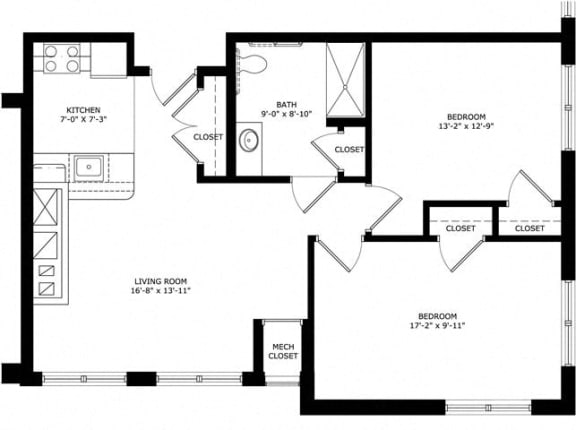 2 Bedroom 1 Bath 2D Floorplan Style D-Legacy Apartments, Pittsburgh, PA 15219