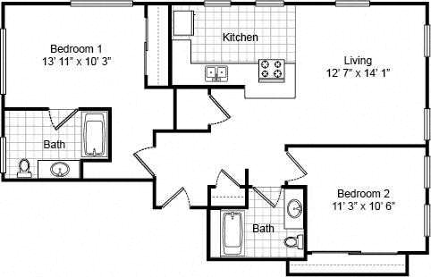 2 bedroom 1 bath 2d floorplan-Valentine Apartments Kansas City, MO