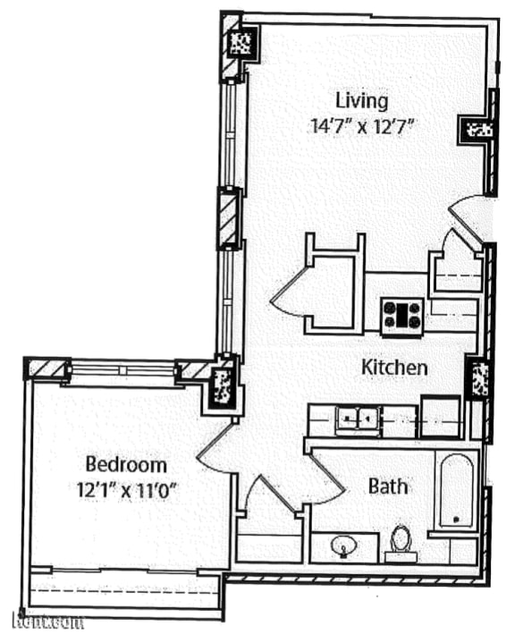 1 bedroom 1 bath 2d floorplan , Valentine Apartments Kansas City, MO