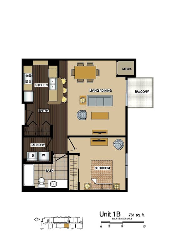 2d floorplan of a 1 bedroom, 1 bathroom unit
