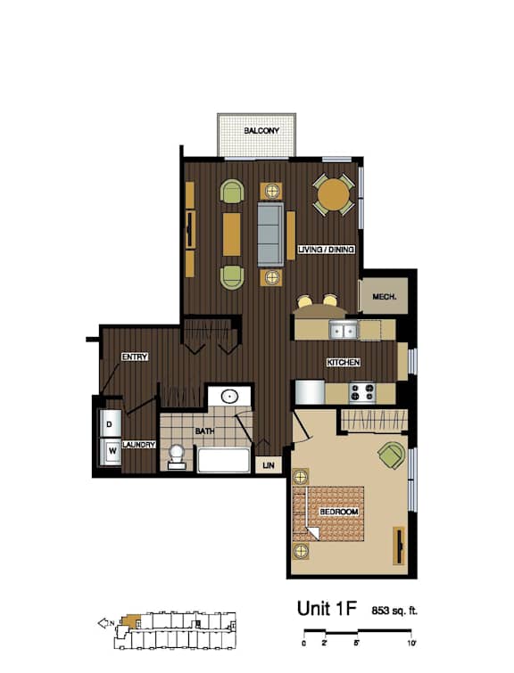 2d floorplan of a 1 bedroom, 1 bathroom unit