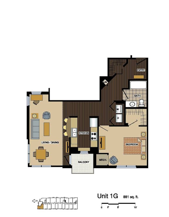 2d floorplan of a 1 bedroom, 1 bathroom unit
