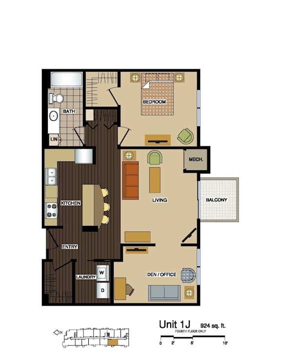 2d floorplan of a 1 bedroom, 1 bathroom unit