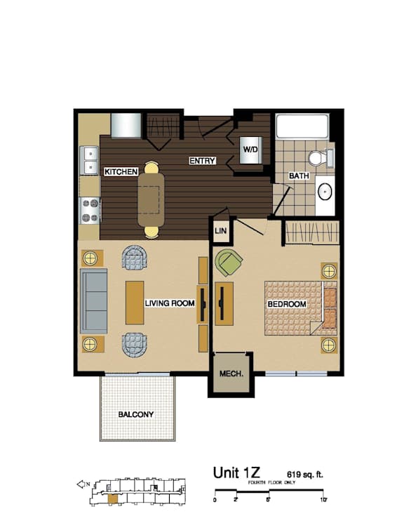 2d floorplan of a 1 bedroom, 1 bathroom unit