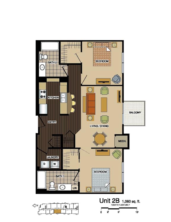 2d floorplan of a 2 bedroom, 2 bathroom unit