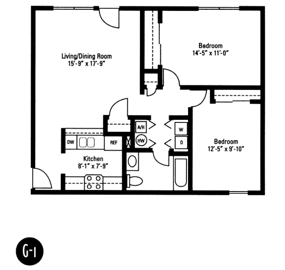2 Bedroom 1 Bath 2D Floorplan, Crawford Square Apartments, Pittsburgh, PA